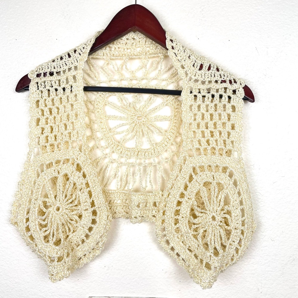 Vtg Handmade Bolero Shrug Vest Sz S Boho Crochet Fairy Cottage Festival Cream